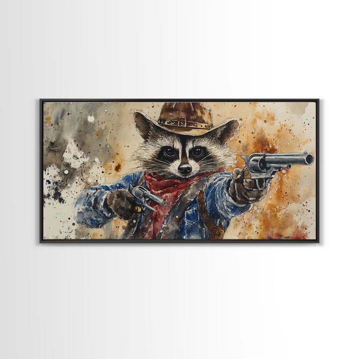 Rootin' Tootin' Cowboy Shootin' Wildwest Cowboy Raccoon Canvas Print - Racoon Painting - Cowboy Raccoon