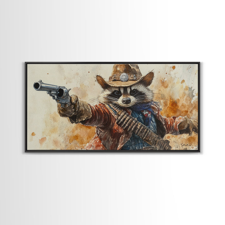 Rootin' Tootin' Cowboy Shootin' Wildwest Cowboy Raccoon Canvas Print - Racoon Painting - Cowboy Raccoon - Wild West Art