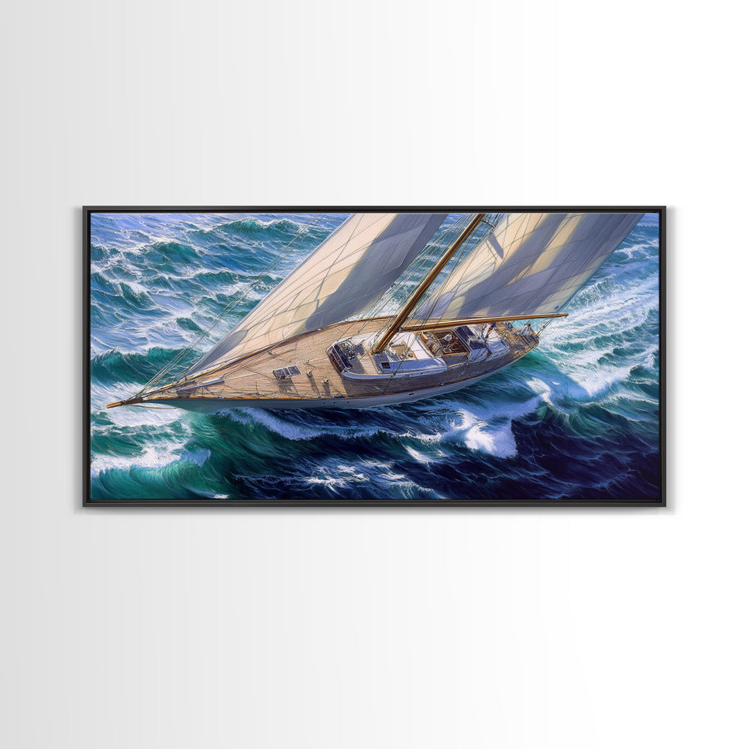 Bird's Eye View of a Retro Sailboat Painting Print, Sailboat Wall Art, Nautical Decor, Sailing Gift Idea, Sailing Wall Art