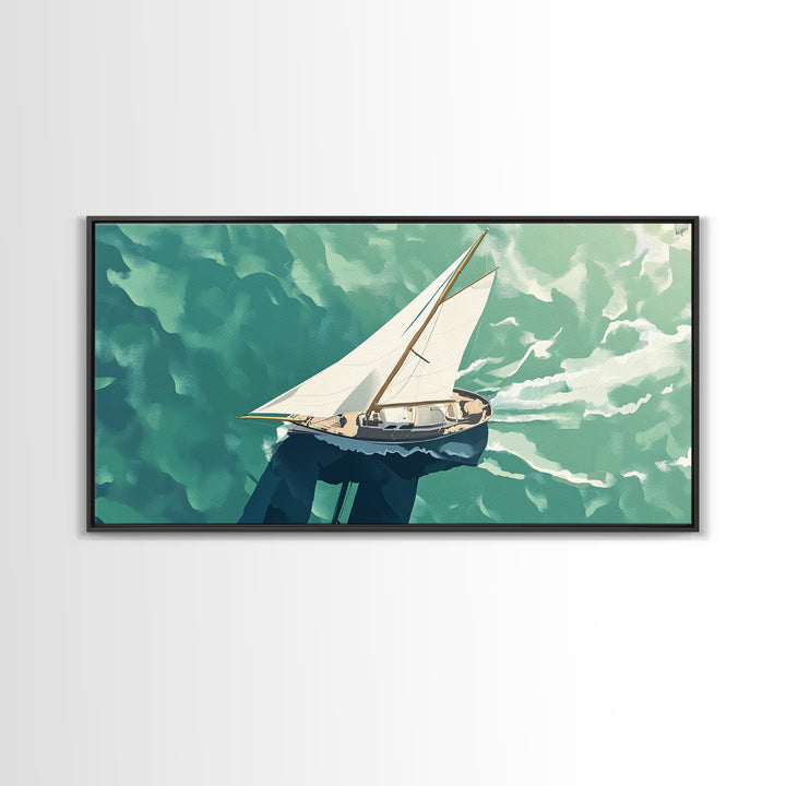 Bird's Eye View of a Sailboat Nautical Painting Print, Framed Canvas Art, Statement Piece, Nautical Centerpiece Wall Art