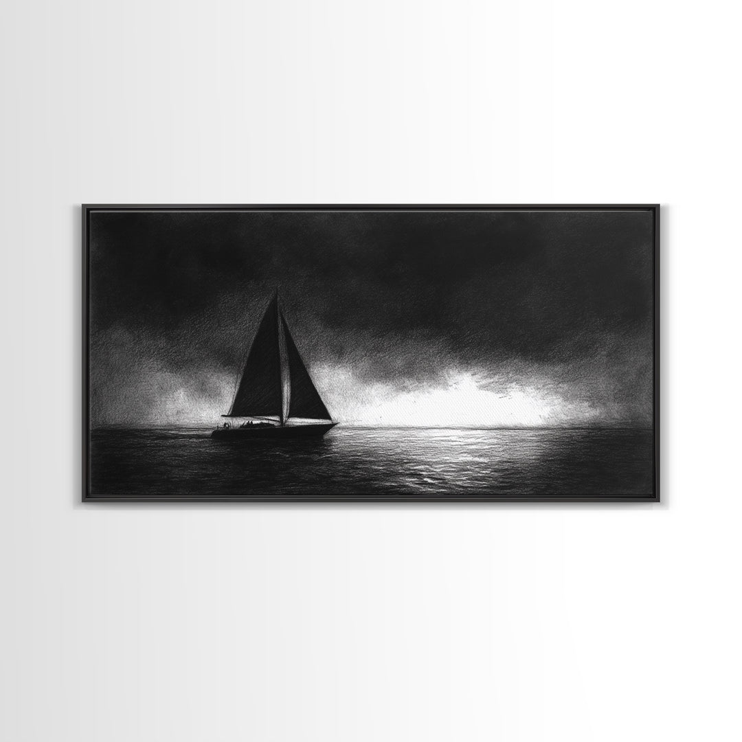 Black and White Sketch Print of a Sailboat In a Storm, Framed Canvas Print, Nautical Wall Art, Nautical Home Decor