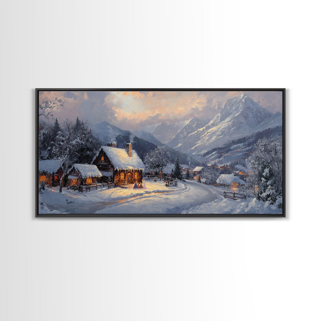 Christmas Mountain Village Oil Painting Print, Framed Canvas, Retro Christmas, Christmas Mountain Landscape Painting, Christmas Art