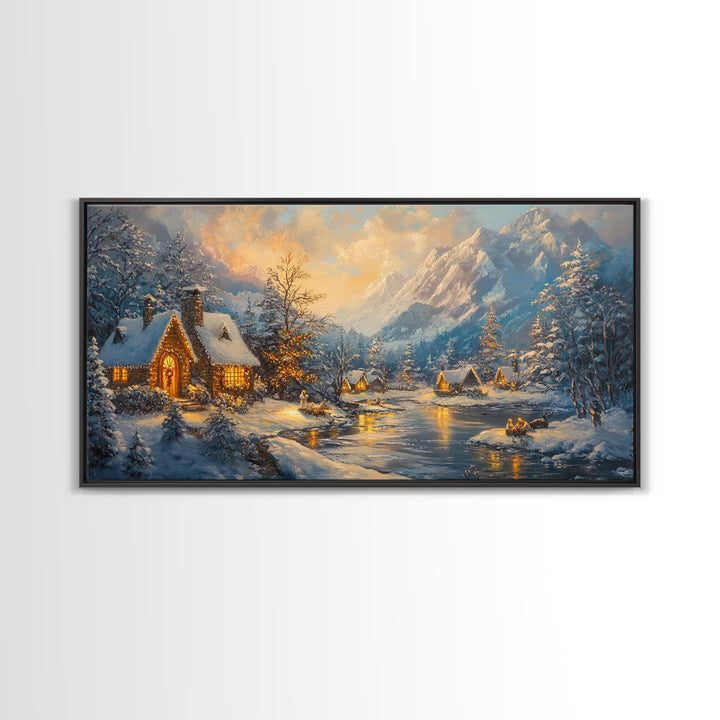 Christmas On The Lake, Christmas Canvas Print, Cabin Decor, Cabin Wall Art, Lake House Wall Art, Christmas home Decor, Christmas Village
