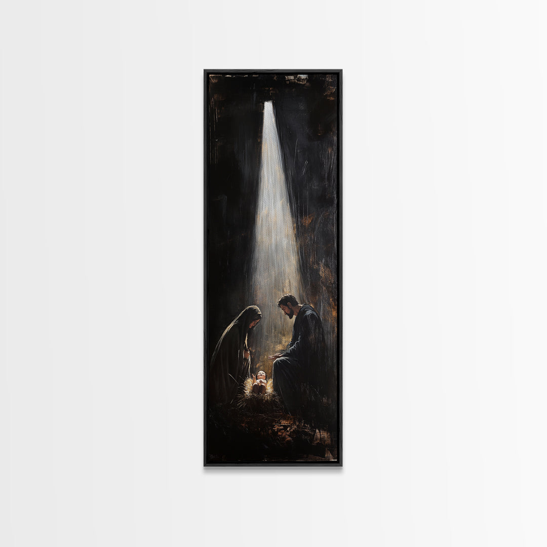 Tall Skinny Nativity Painting Canvas Print, Christmas Wall Art, Christmas Decor, Nativity Oil Painting, Jesues In His Manger
