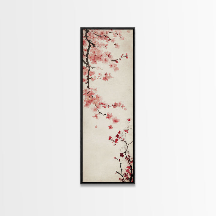 Cherry Blossom Branch Framed Canvas Print Tall Skinny Art Floral Japanese Decor, Cherry Blossom Painting, Minimalist Botanical Wall Art, Above Sofa Art