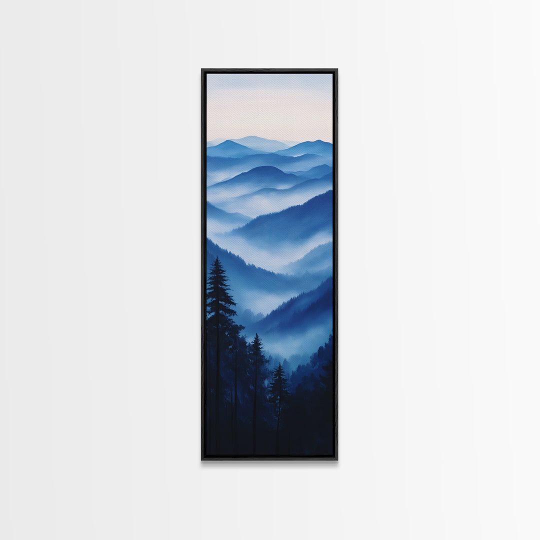 Blue Misty Mountains Framed Canvas Print Calming Nature Landscape Art, Smoky Mountain Art, Blue and Green Wall Art, Minimalist Decor, Bedroom Art
