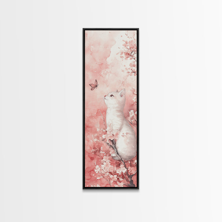 White Cat and Butterfly Canvas Print Light Pink Wall Art Cherry Blossom Painting Whimsical Art Bedroom Decor Gift Idea