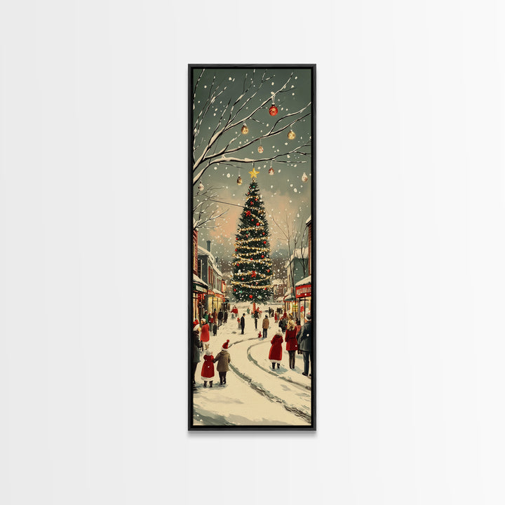 Christmas tree town square painting festive holiday decor framed canvas print, classic winter village, nostalgic seasonal wall art