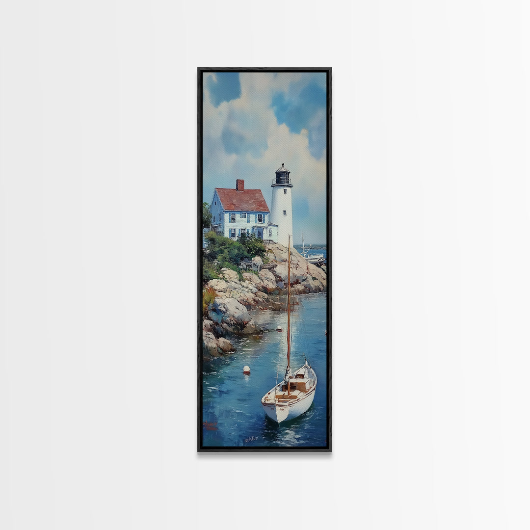 Canvas Print Lighthouse with Sailboat Art Nautical Decor Coastal Wall Art Cottagecore Maine Seascape Wall Art