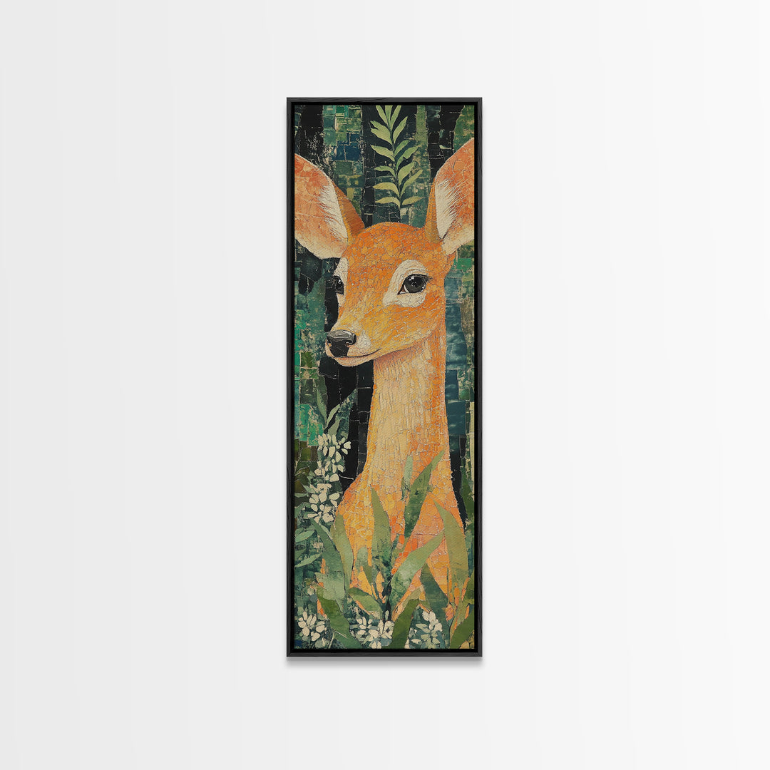 Canvas Print of Gentle Deer in Floral Forest, Boho Art, Whimsical Wall Art, Animal Decor, Tall Narrow Wall Art, Woodland Theme