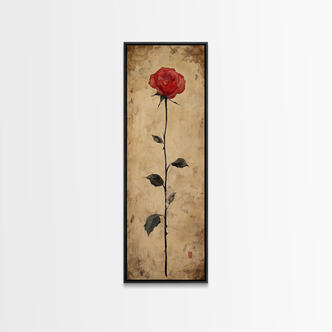 Framed Canvas Print of Elegant Red Rose, Botanical Art, Rustic Wall Art, Gift Idea, Minimalist Nature Art, Above Bed Wall Art