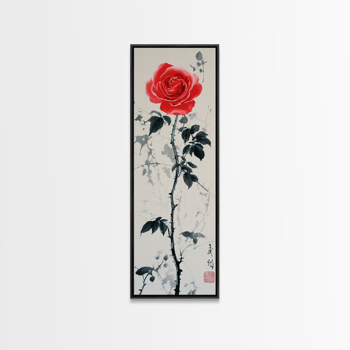 Canvas Print of Asian Style Red Rose, Art Nouveau Print, Botanical Art, Above Sofa Decor, Elegant Home Decor, Floral Wall Art
