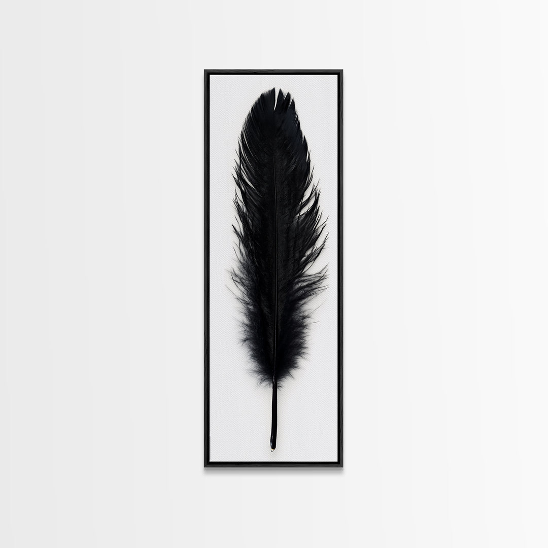 Black Feather Wall Art, Black Feather Painting Canvas Print, Boho Minimalist Home Decor, Feather Art, Tall Narrow Art, Skinny Art