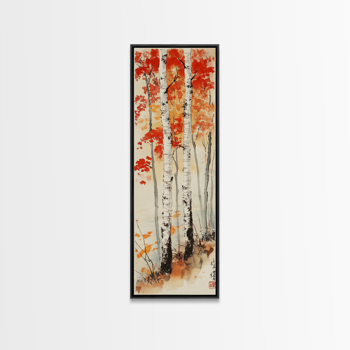 Canvas Print Japanese Birch Trees in Autumn, Traditional Wabi Sabi Art, Rustic Decor Above Bed Wall Art, Cozy Fall Living Room Decor
