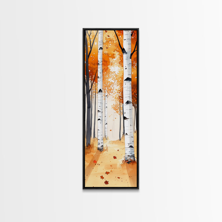 Autumn Birch Trees Framed Canvas Print – Rustic Decor, Tall Narrow Art, Cozy Fall Vibes, Birch Tree Art, Living Room Art, Above Bed Wall Art