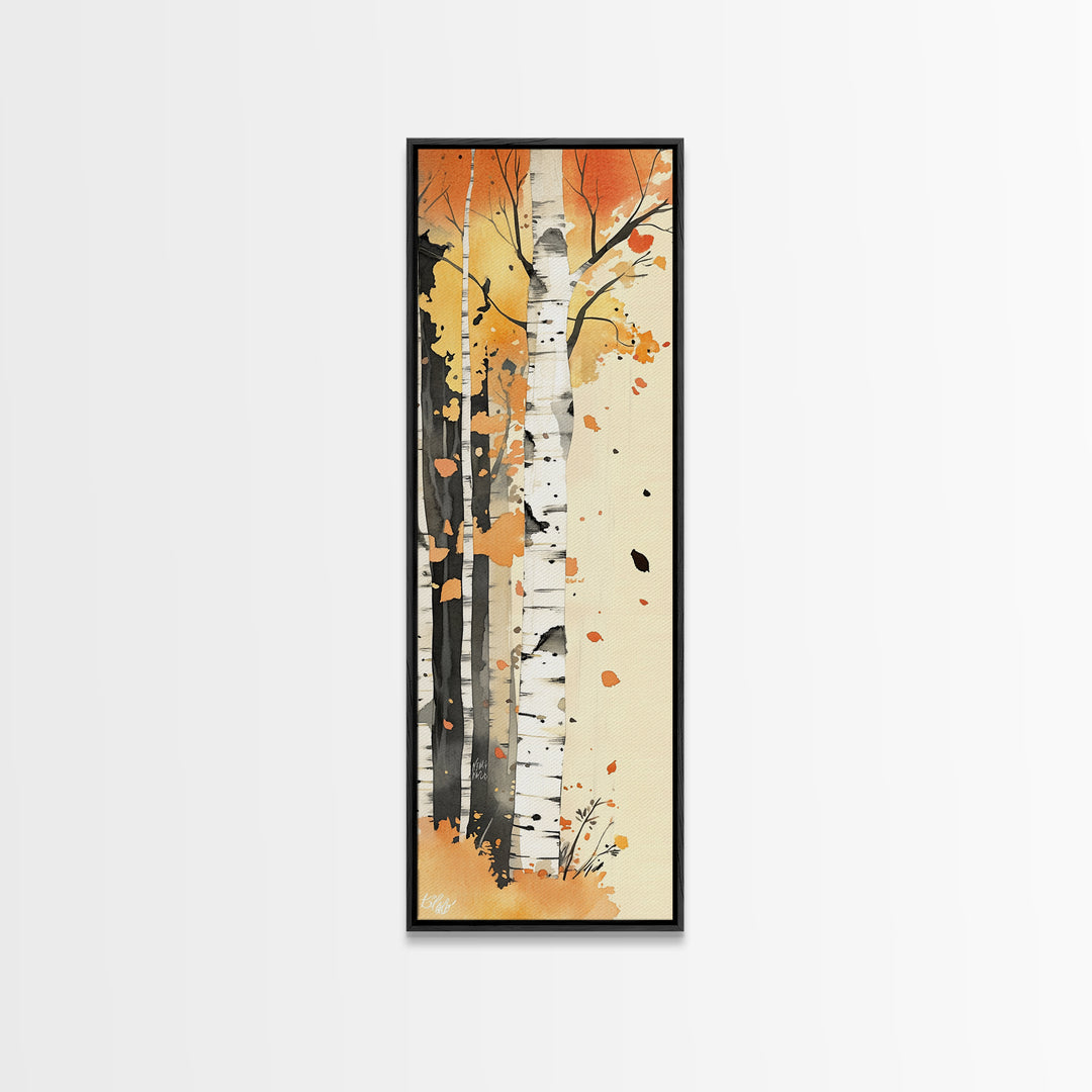Autumn Forest Path Framed Canvas Print – Cozy Fall Art, Rustic Wall Art, Birch Tree Painting, Skinny Wall Art, Bedroom Wall Art, Autumn Decor