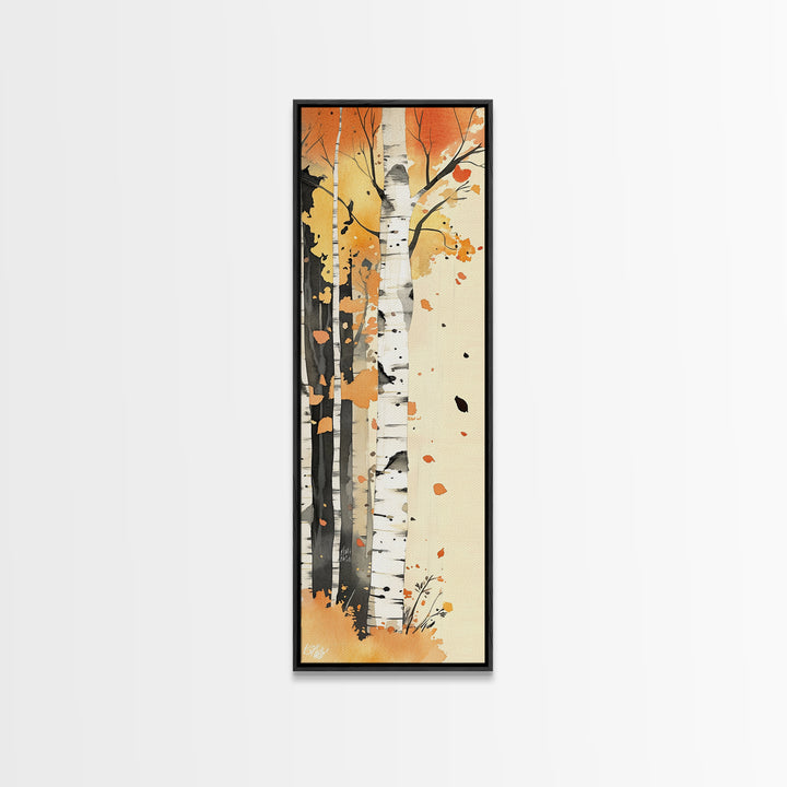 Autumn Forest Path Framed Canvas Print – Cozy Fall Art, Rustic Wall Art, Birch Tree Painting, Skinny Wall Art, Bedroom Wall Art, Autumn Decor