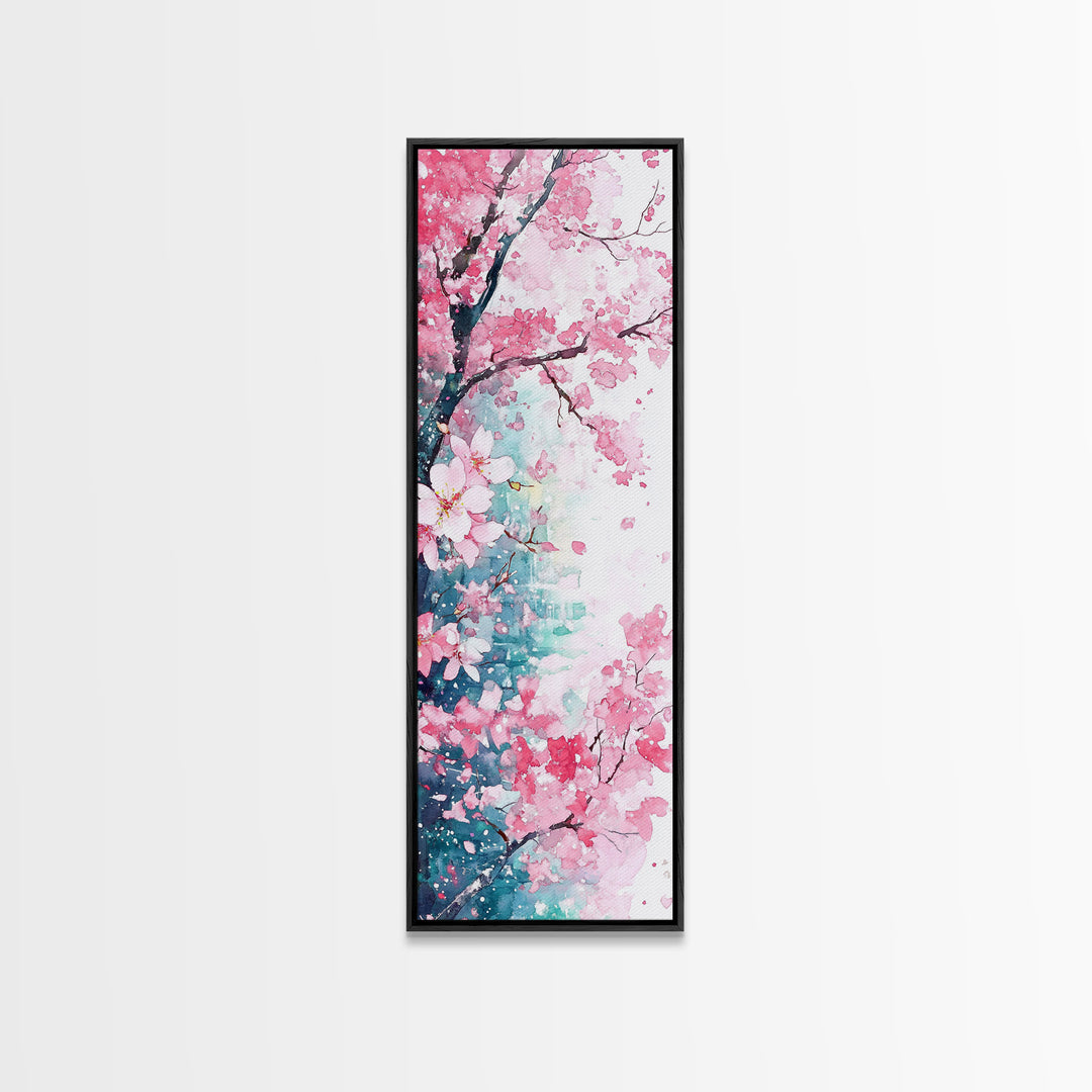 Blooming Pink Sakura Flowers Art - Framed Canvas Print for Japanese Decor, Cherry Blossom Art, Botanical Wall Decor, Pink Floral Painting