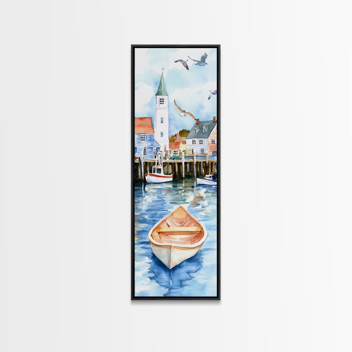 Tranquil Coastal Village with Seagulls Painting - Canvas Print for Nautical Wall Art, Coastal Scene Decor, Ocean-Inspired Art, Harbor Home Decor