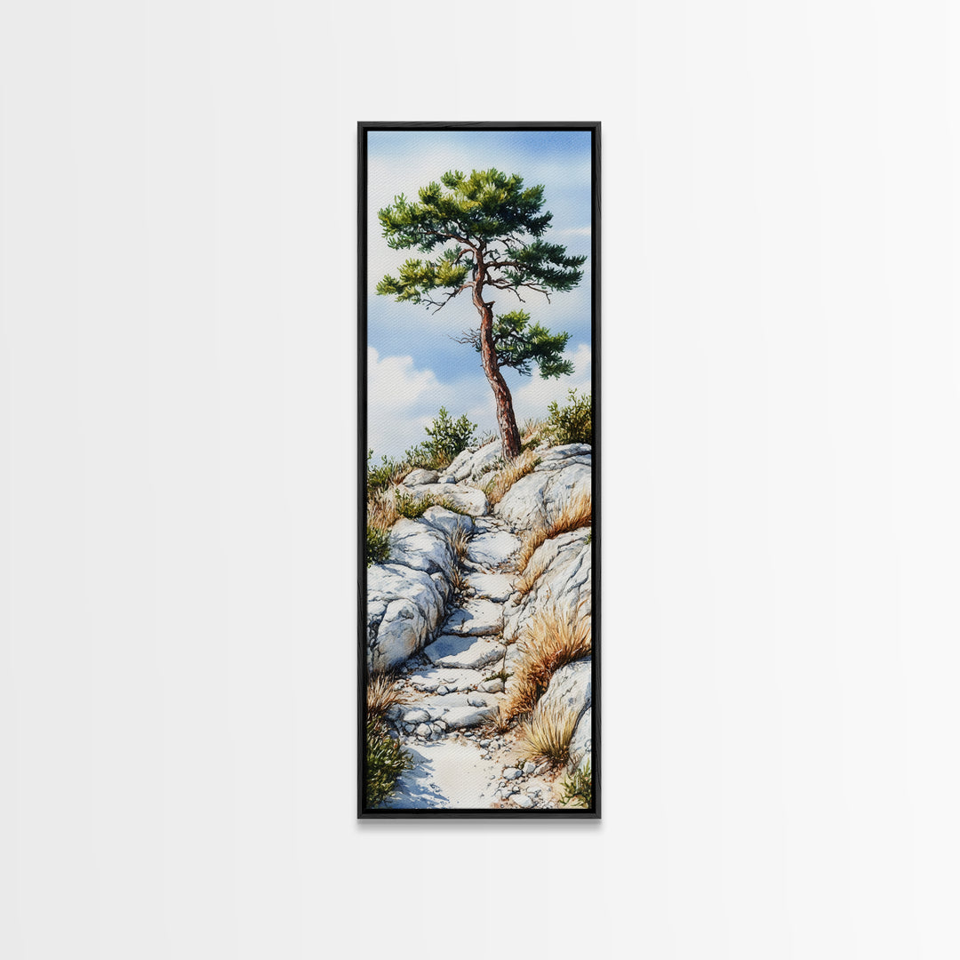 Rocky Mountain Pine Tree Painting - Framed Canvas Print Highlighting Serene Alpine Path for Rustic Wall Decor
