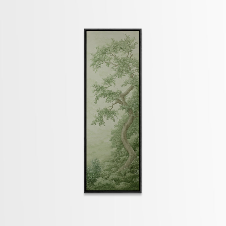 Misty Green Botanical Scene - Framed Canvas Print Showcasing Wabi Sabi Art Style with Tranquil Tree Landscape