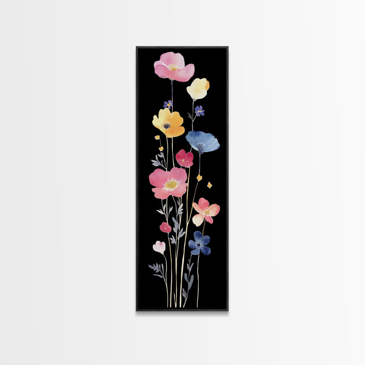 Vibrant Wildflower Watercolor Art - Framed Canvas Print with Black Background Featuring Colorful Poppy and Floral Scene