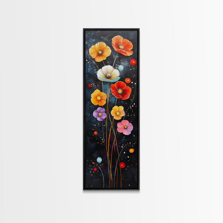 Abstract Poppy Garden Scene - Framed Canvas Print Showcasing Whimsical Florals on Dark Blue Background for Moody Decor