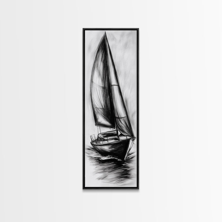 Charcoal Sketch of a Sailboat, Framed Canvas Print, Nautical Decorl Nautical Wall Art, Sailboat Painting, Sail Boat Art, Tall Skinny Wall Art