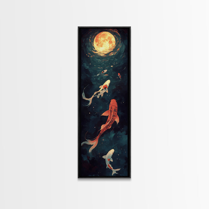 Koi Fish Under a Full Moon, Framed Canvas Print, Wabi Sabi Home Decor, Funky Boho Wall Art, Tall Skinny Art, Narrow Tall Wall Art