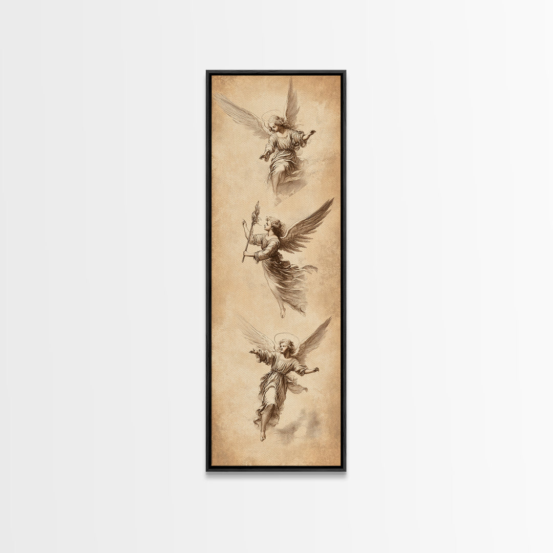 Guardian Angels Wall Art, Framed Canvas Print, Angel Painting, Angel Decor, Tall Skinny Art, Narrow Wall Art, Angelic Painting, Christmas Art