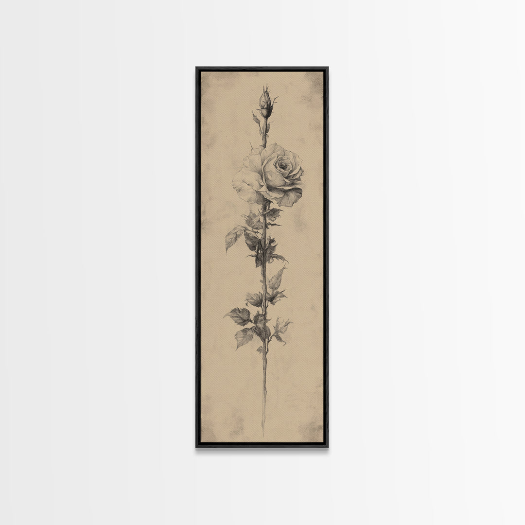 Black and White Sketch of a Rose, Framed Canvas Print, Narrow Art, Tall Skinny Art, Flower Painting, Paint of a Rose, Floral Prints