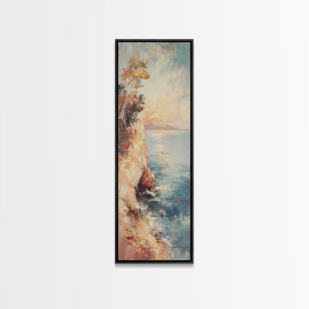 Nautical Landscape Painting Print, Framed Canvas, Beautiful Sunset Over The Coast, Coastal Decor, Tall Narrow Art, Skinny Wall Art