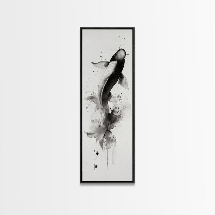 Tall Skinny Koi Fish Painting Print, Black and White Wabi Sabi Wall Art, Koi Fish Wall Decor, Japanese Style Elegant Artwork, Narrow Wall Art