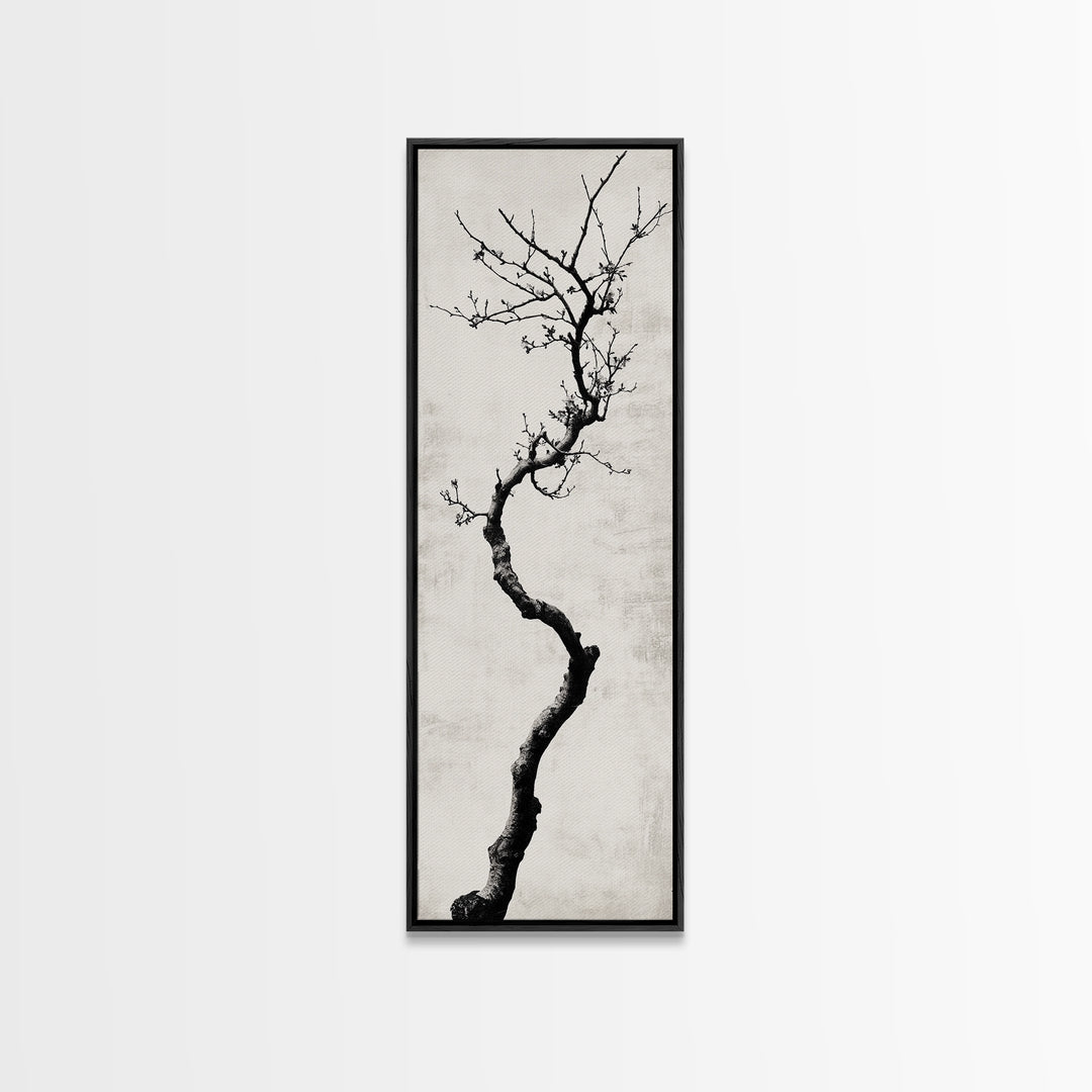 Framed Canvas Print of Minimalist Birch Tree Art in Black and White, Wabi Sabi Art, Rustic Wall Art, Above Bed Wall Art, Tall Skinny Art, Japanese Aesthetic