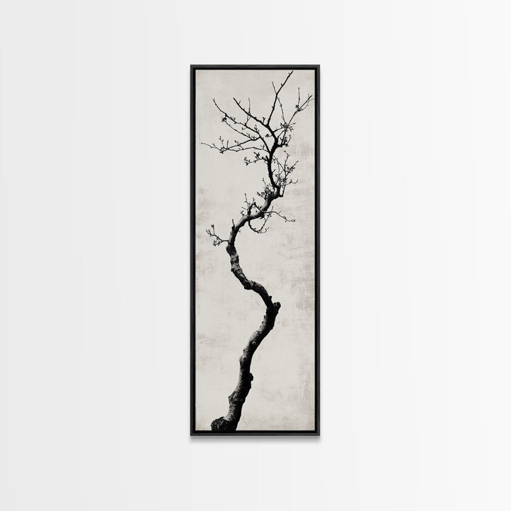 Framed Canvas Print of Minimalist Birch Tree Art in Black and White, Wabi Sabi Art, Rustic Wall Art, Above Bed Wall Art, Tall Skinny Art, Japanese Aesthetic