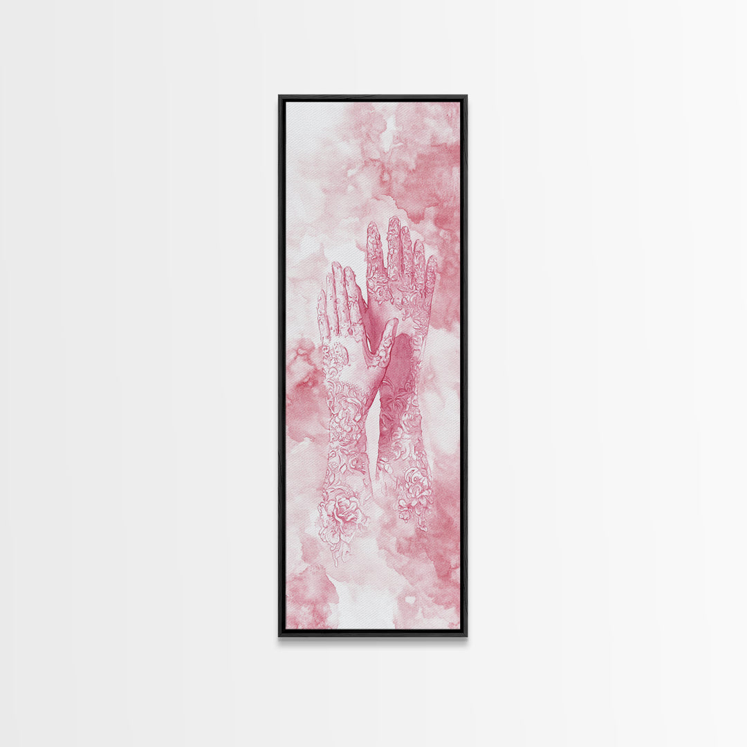 Elegant Mehndi Hand Art Framed Canvas Print - Light Pink Wall Art, Botanical Prints, Whimsical Art, Yoga Art, Gift Idea Her, Bedroom Decor