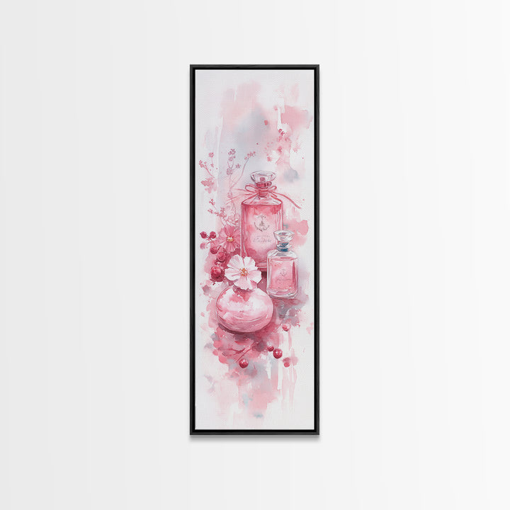 Elegant Perfume Bottles Framed Canvas Print Pink Abstract Art Wabi Sabi Decor Light Pink Bedroom Artwork Feminine Minimalist Wall Art
