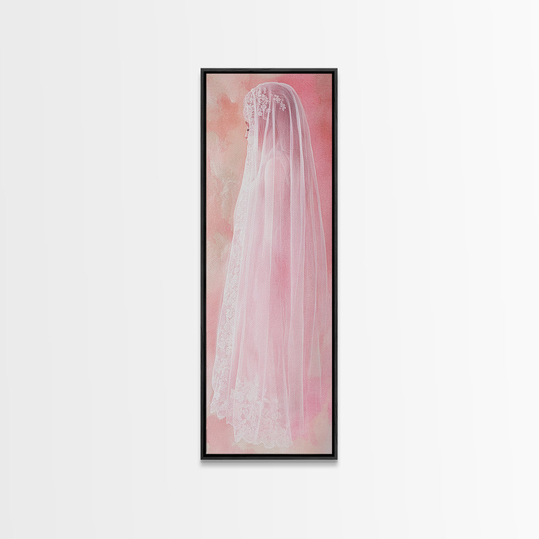 Delicate Bridal Veil Framed Canvas Print Feminine Pink Wall Art Wabi Sabi Minimalist Romantic Bedroom Artwork Unique Wedding Gift Idea