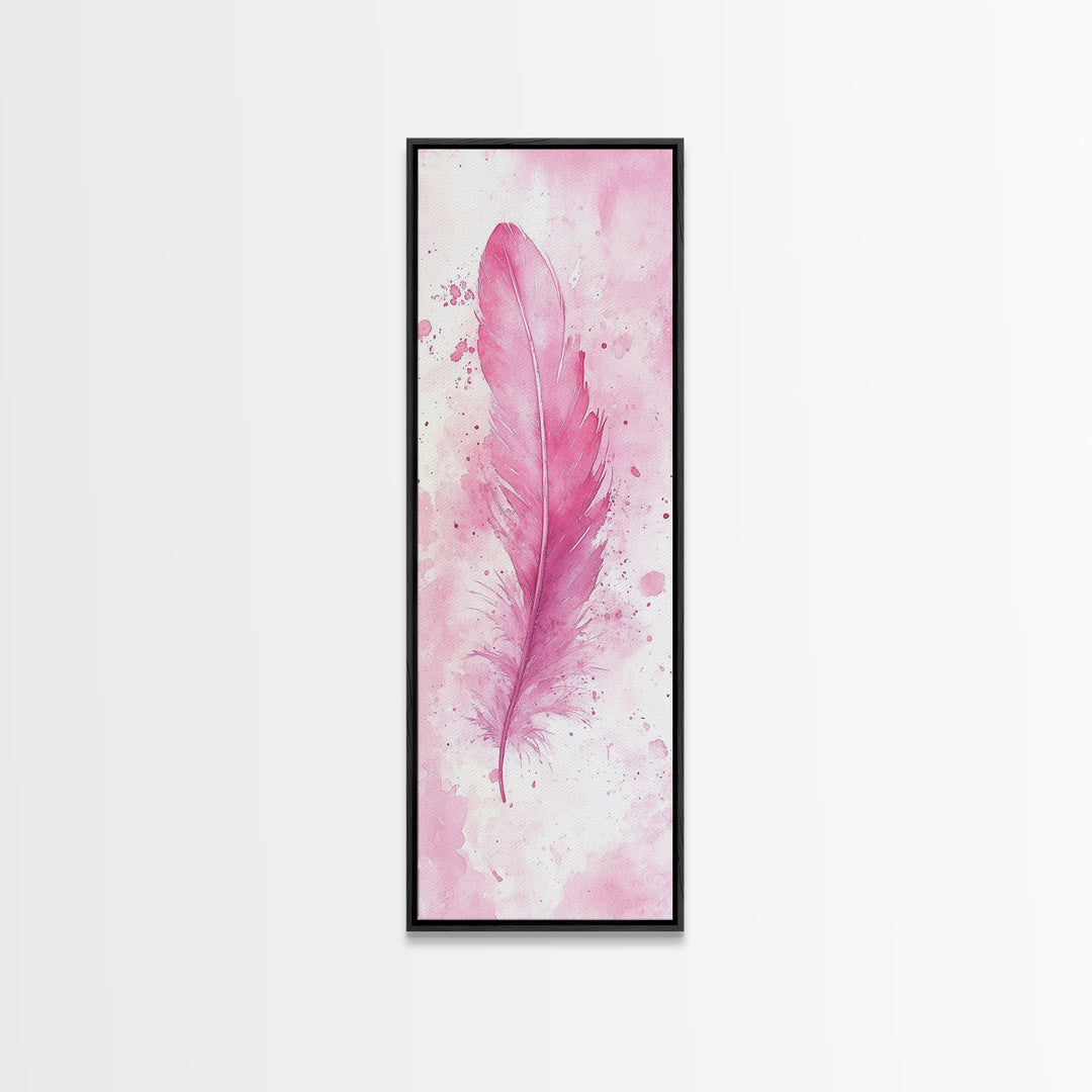 Pink Feather Artwork Framed Canvas Print, Vertical Whimsical Art Light Pink Decor, Boho Minimalist Gift Bedroom and Dorm Wall Art