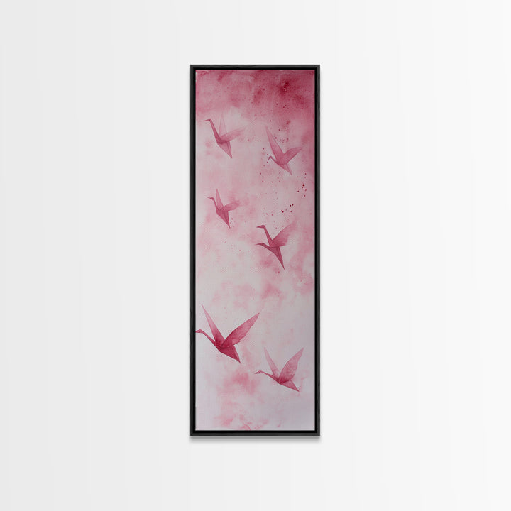 Crane Flight Canvas Print, ethereal origami bird painting in pink abstract hues, tall narrow wall art with zen minimalist aesthetic.