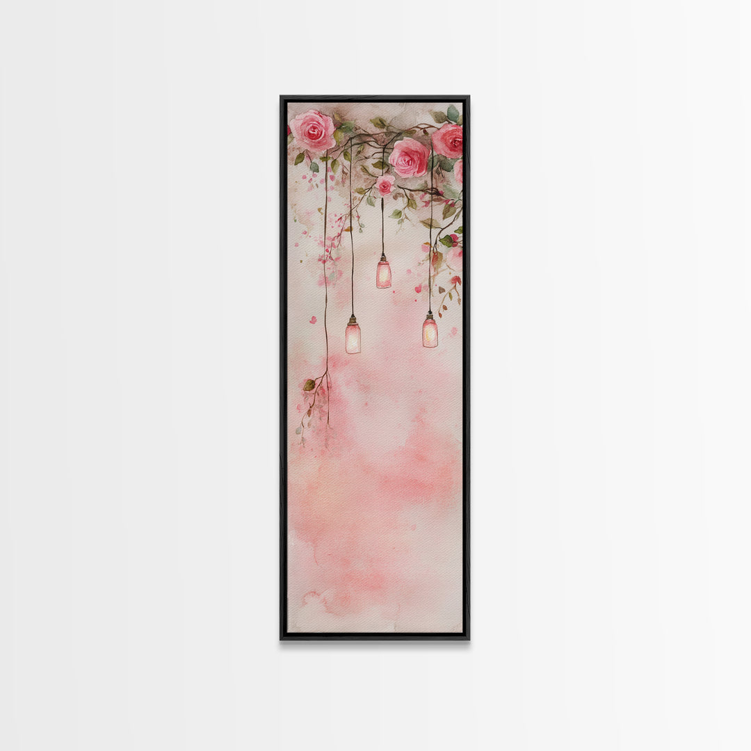 Rose Lantern Canvas Print, romantic floral and hanging lanterns painting with soft pink tones, whimsical boho wall art for bedroom decor.