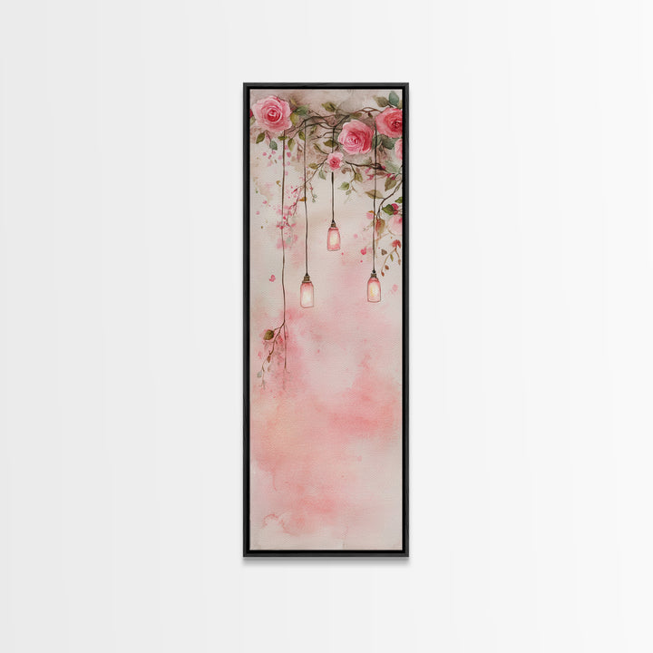 Rose Lantern Canvas Print, romantic floral and hanging lanterns painting with soft pink tones, whimsical boho wall art for bedroom decor.