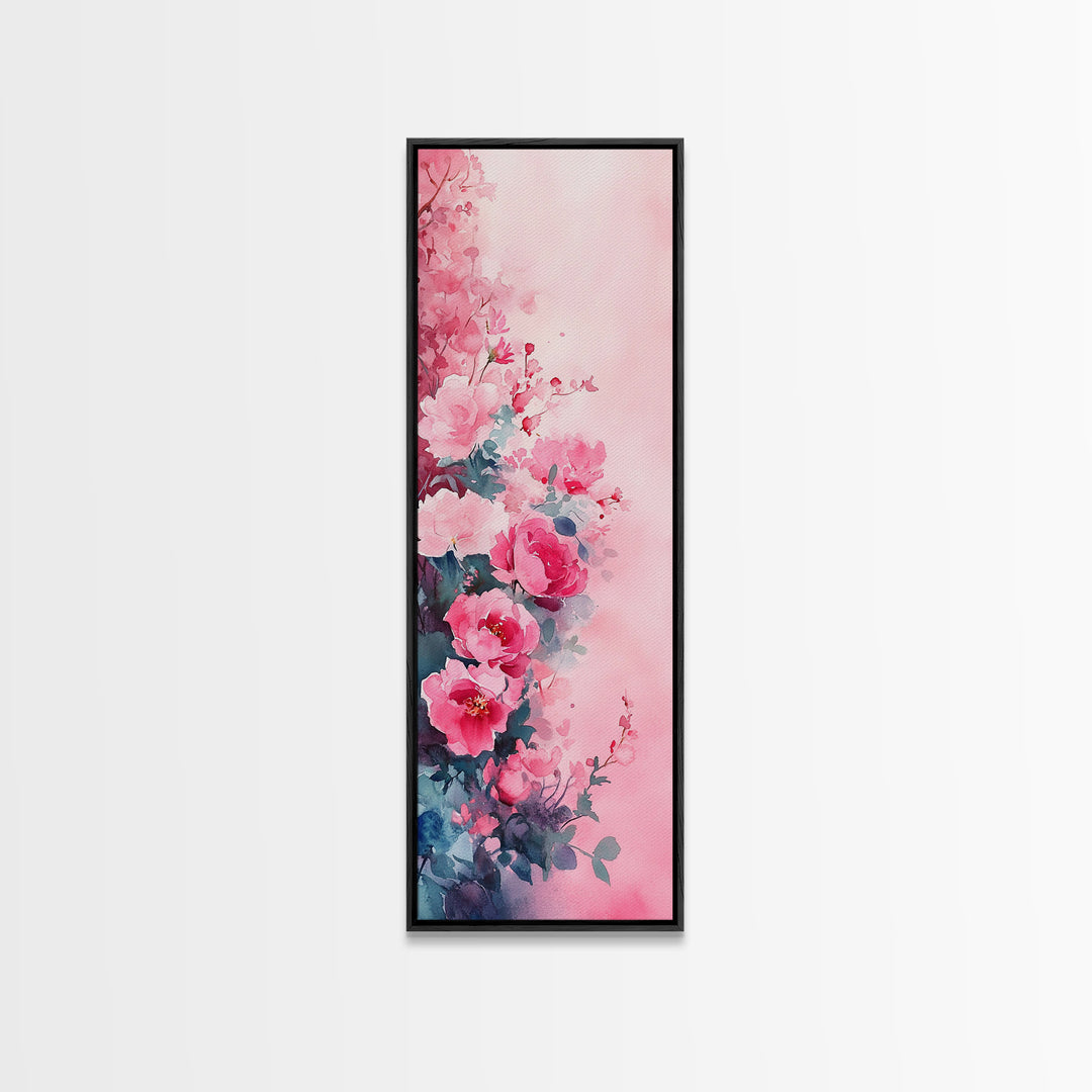 Romantic Rose Painting Framed Canvas Print with Light Pink Wall Art Featuring Cherry Blossom Details and Cozy Bedroom Decor Accents