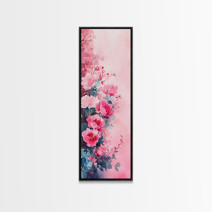 Romantic Rose Painting Framed Canvas Print with Light Pink Wall Art Featuring Cherry Blossom Details and Cozy Bedroom Decor Accents