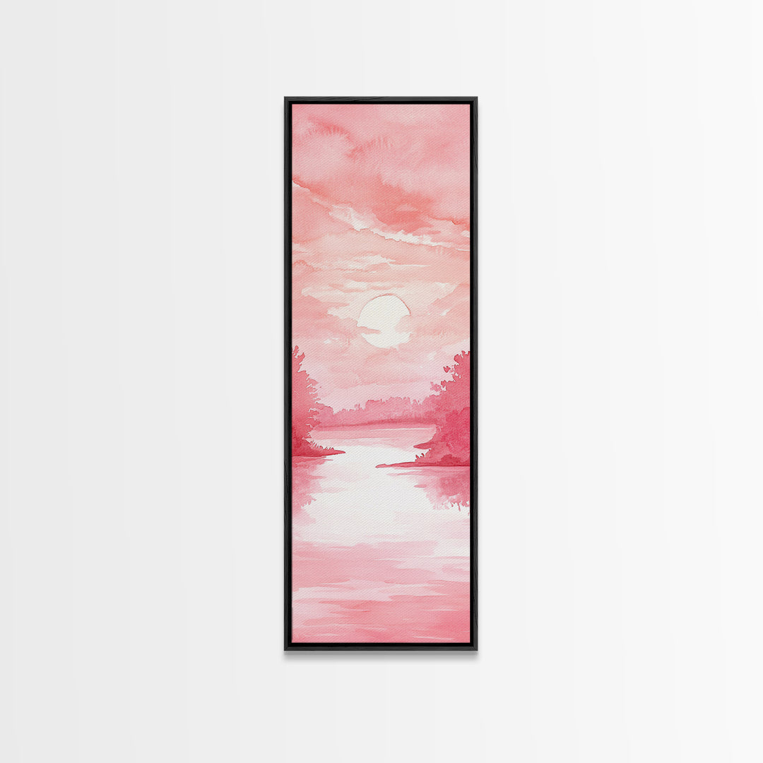Serene Sunset Landscape Painting Framed Canvas Print with Light Pink Tones for Calm Living Room Art or Above Sofa Wall Decoration
