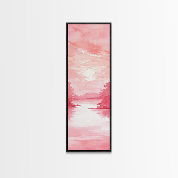 Serene Sunset Landscape Painting Framed Canvas Print with Light Pink Tones for Calm Living Room Art or Above Sofa Wall Decoration