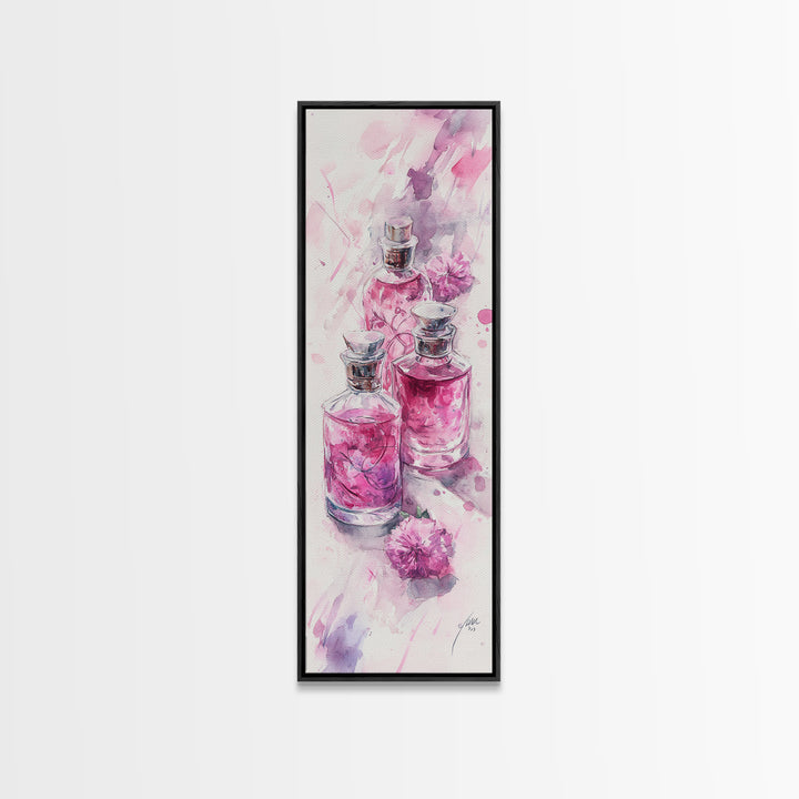 Perfume Bottles Canvas Print - Elegant Pink Abstract Art, Feminine Glass Bottles Artwork, Gift Idea for Her, Bedroom Wall Decor