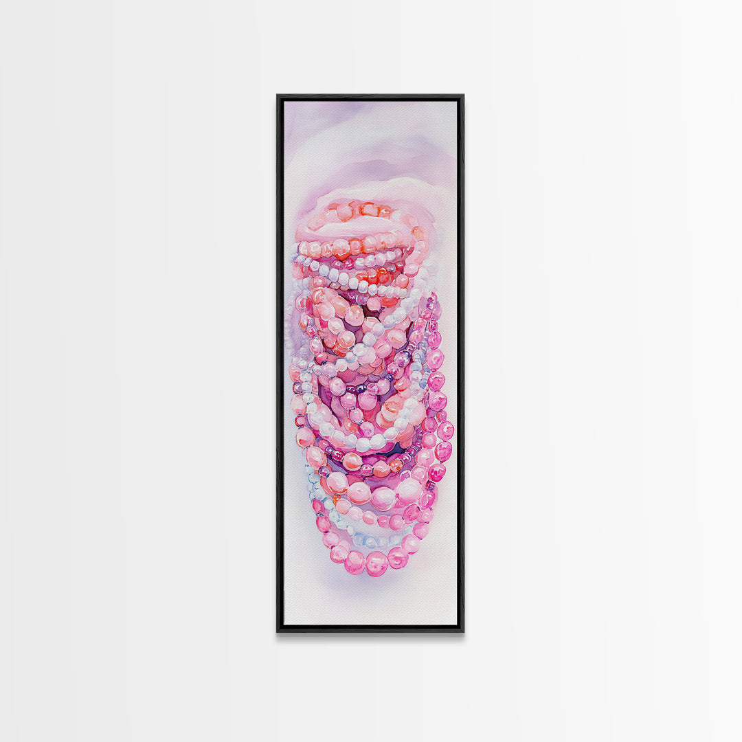 Pastel Beads Canvas Print - Whimsical Tall Narrow Art, Pink Pearl Inspired Jewelry Painting, Vertical Art for Boho Bedroom
