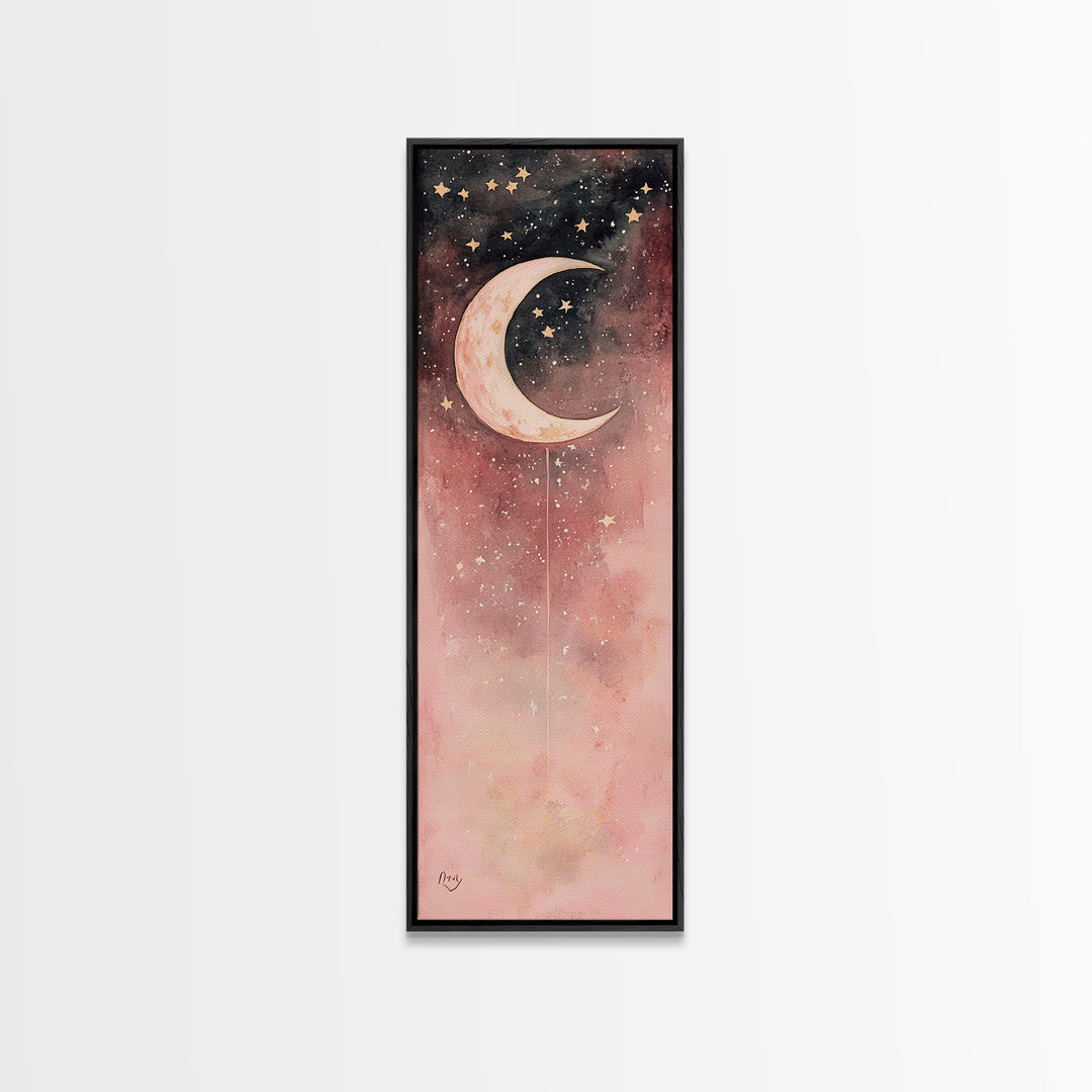Crescent Moon Canvas Print Starry Night Pink Abstract Vertical Wall Art Zen Room Decor Dreamy Boho Gift Idea