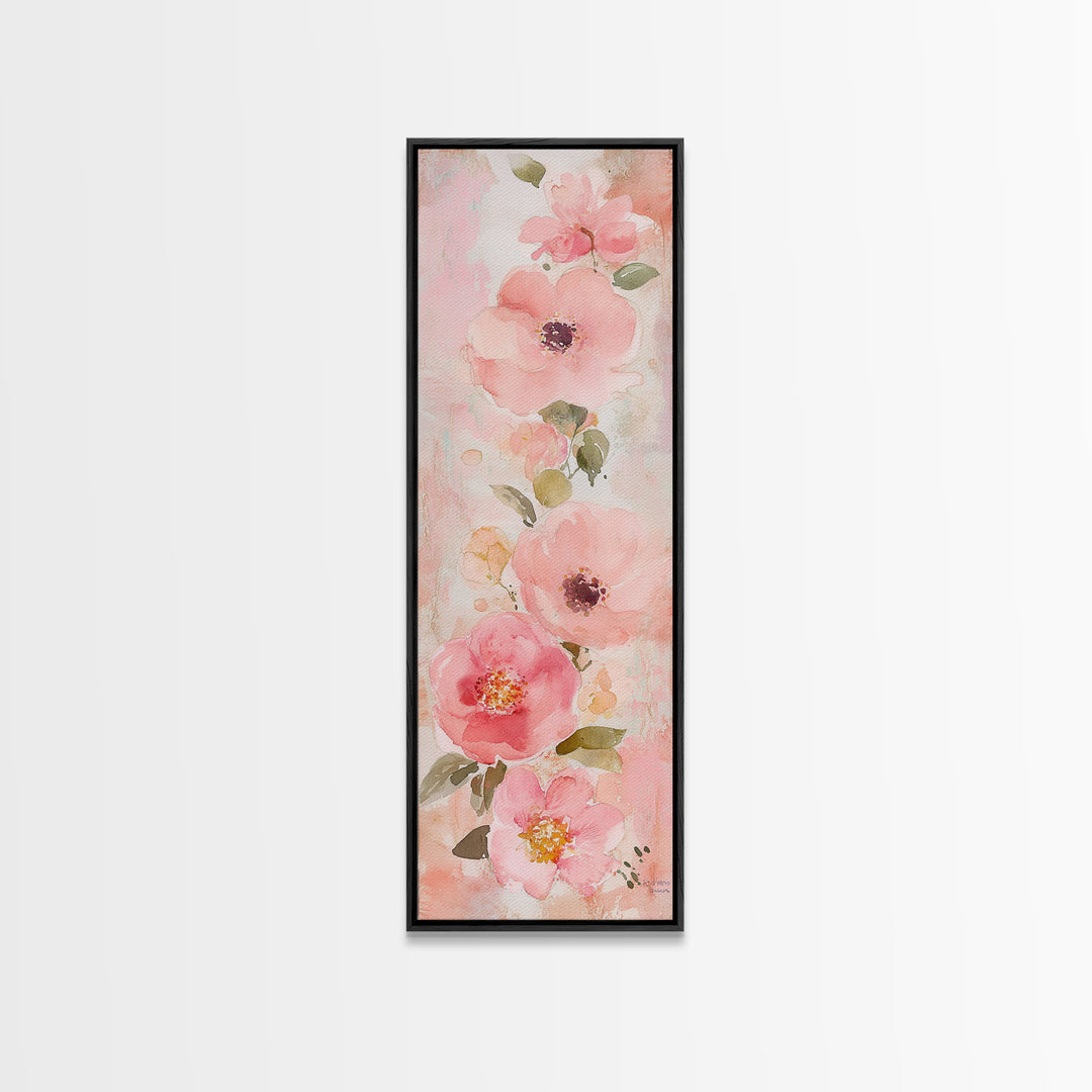 Delicate Floral Wildflower Framed Canvas Print Light Pink Botanical Prints Vertical Wall Art Tall Narrow Art Rustic Living Room Art